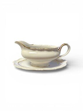 Vintage Gravy Boat With Saucer White & Gold Trim Porzellan Bavaria
